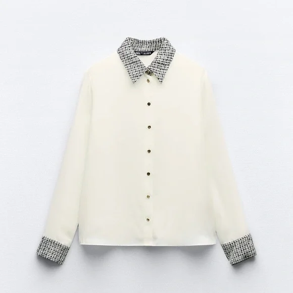 NWT Zara “MIXED SHIRT” Button Down Blouse - Picture 4 of 11